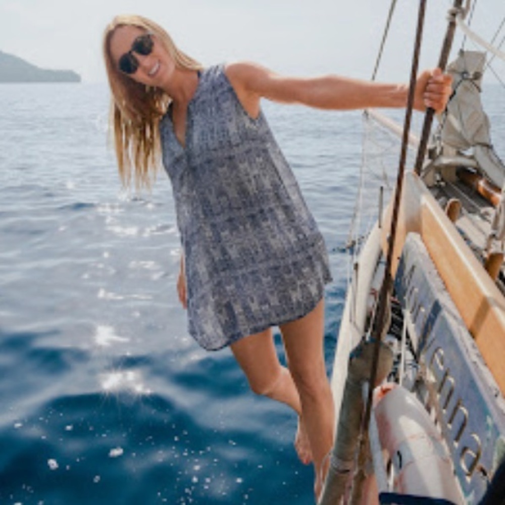 Prana Natassa Crinkled Tunic Dress Blue White Printed Pockets Modal Size Medium